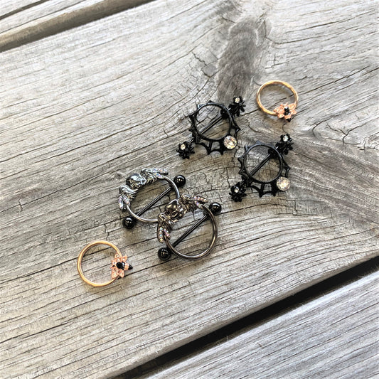 14G 7/8 Clear Gem Black Winged Skull Halloween Nipple Shield Set