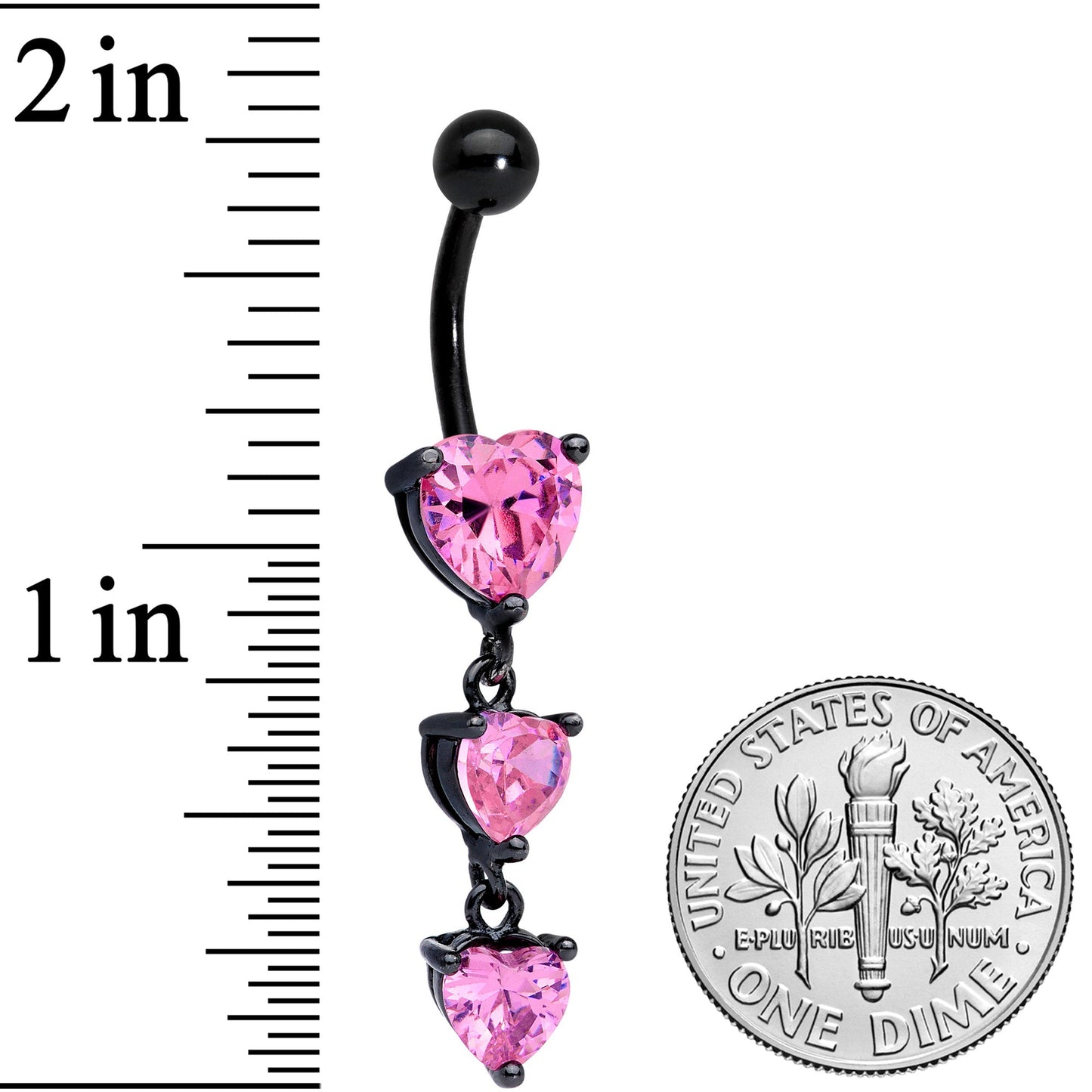 Pink CZ Gem Black Triple Heart Dangle Belly Ring