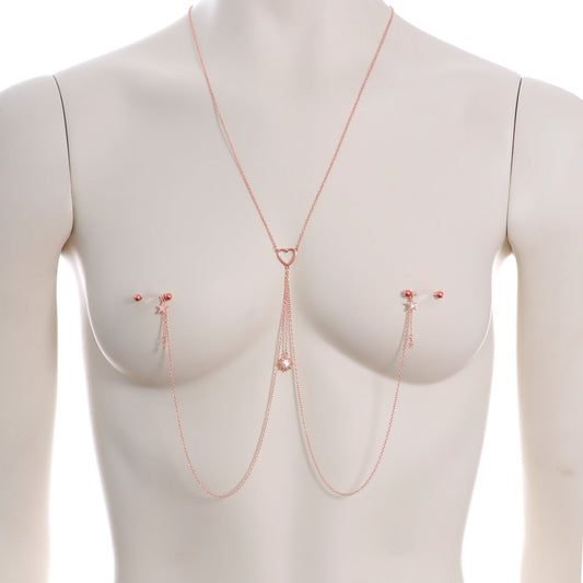 14G 5/8 Clear Gem Rose Gold Hue Star Sun Nipple Chain Necklace