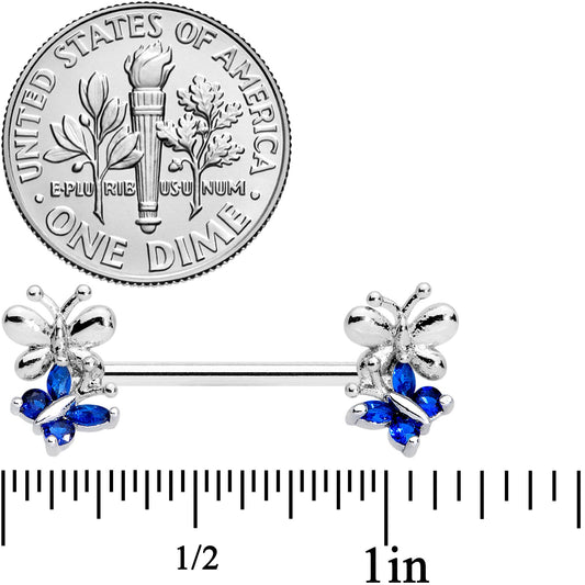 14G 1/2 Dark Blue CZ Gem Butterfly Barbell Nipple Ring Set