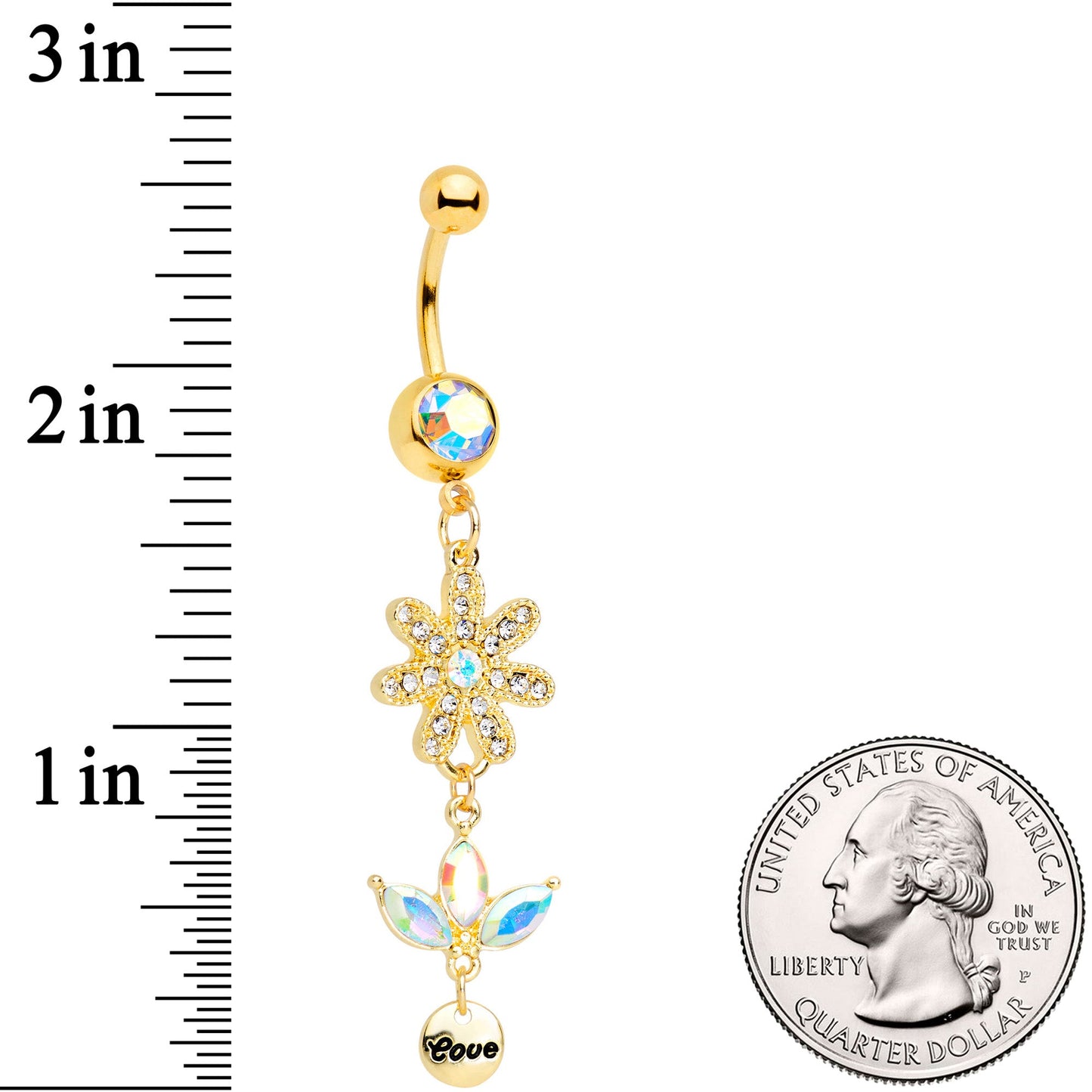 Aurora Gem Gold Tone Flower Leaves Love Dangle Belly Ring