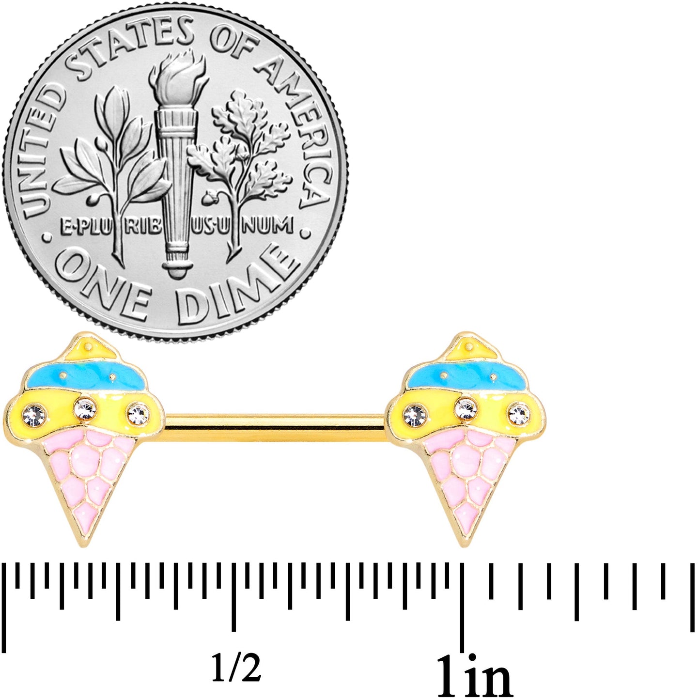 14G 9/16 Clear Gem Gold Tone Ice Cream Cone Nipple Ring Set