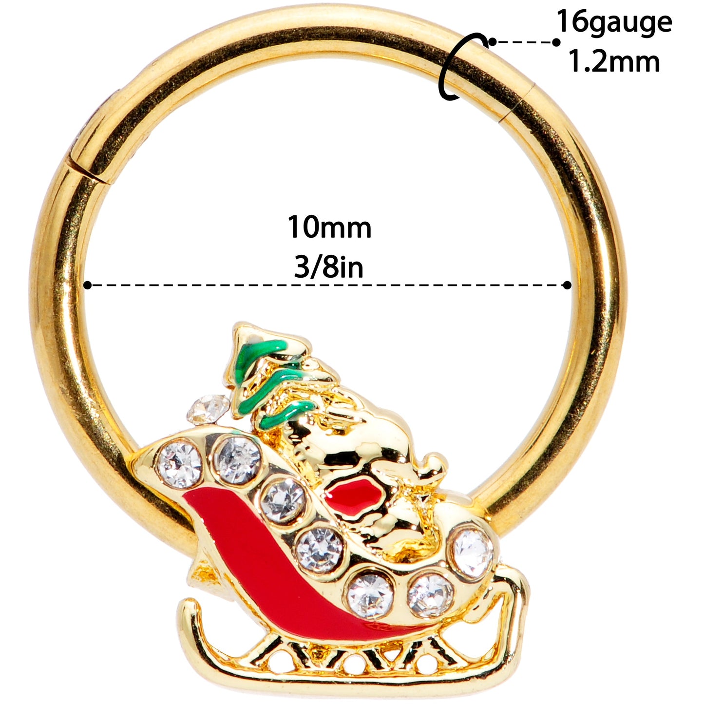 16G 3/8 Clear Gem Gold Tone Santa Sleigh Christmas Septum Clicker