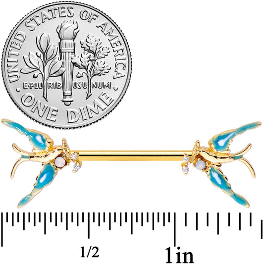 14G 9/16 Clear CZ Gem Gold Tone Swallow Bird Nipple Ring Set