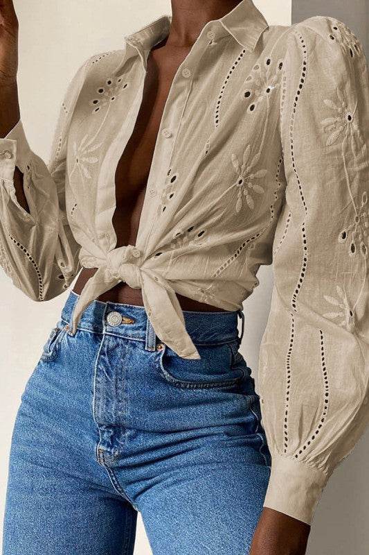 Hollow Out Solid Button Puff Sleeves Blouse