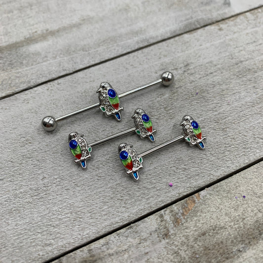 14G 9/16 Clear Gem Tropical Parrot Bird Barbell Nipple Ring Set