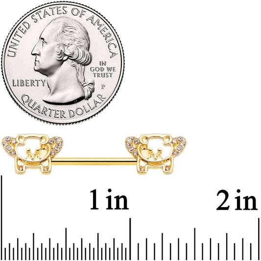 14G 9/16 Clear Gem Gold Tone Flying Pig Barbell Nipple Ring Set