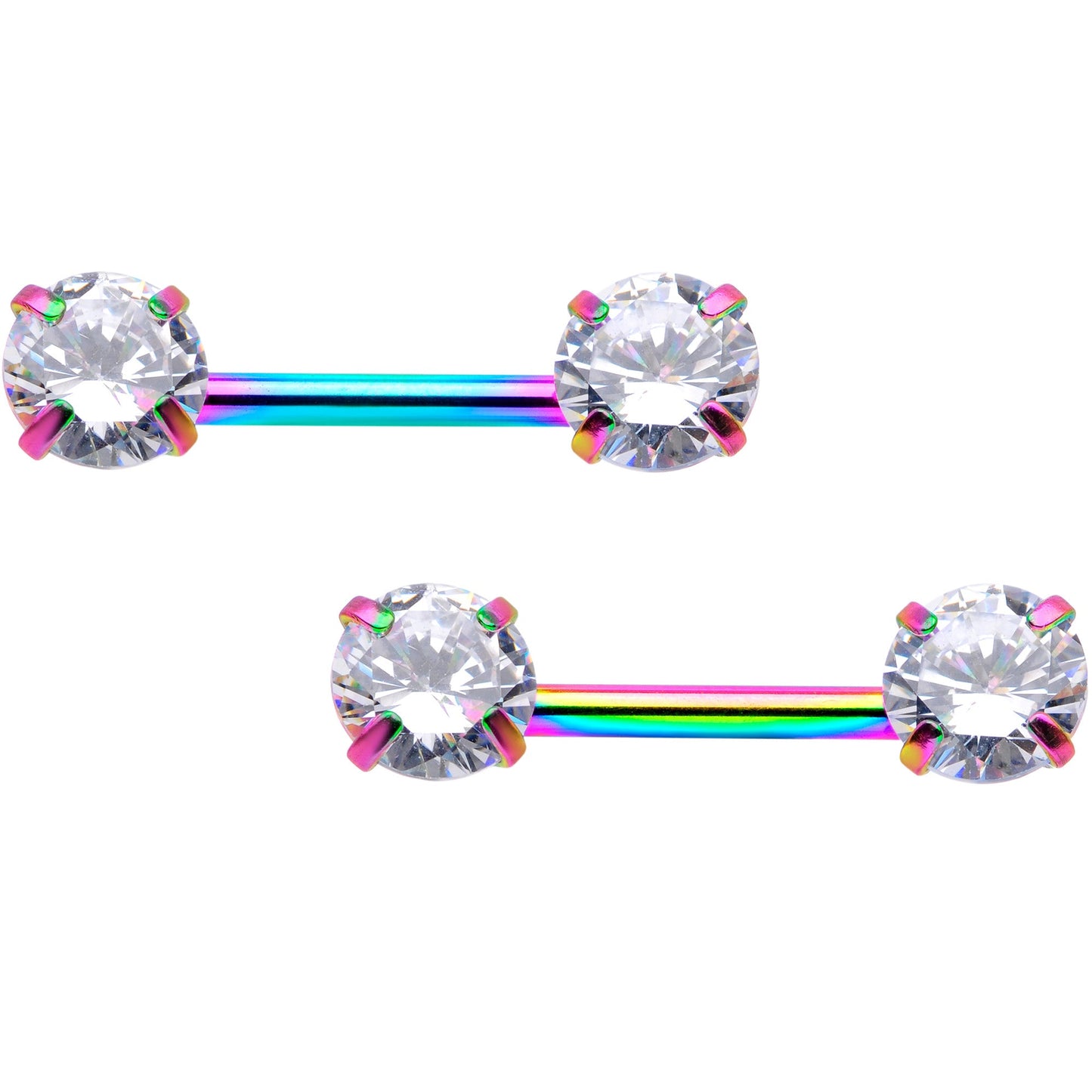 14G 1/2 Clear CZ Gem Rainbow Threadless Barbell Nipple Ring Set