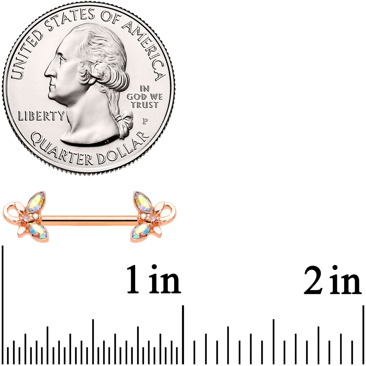 14G 1/2 Aurora Gem Rose Gold Tone Loop Butterfly Nipple Ring Set