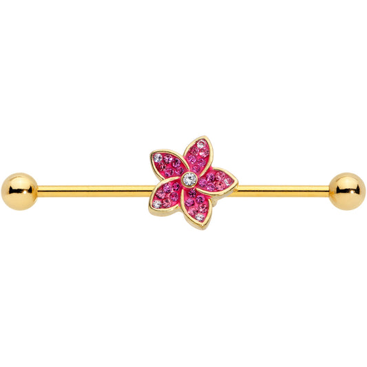 14G Clear Purple Gem Gold Tone Flower Industrial Barbell 38mm