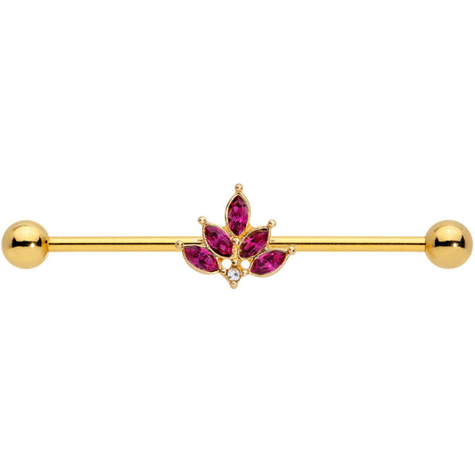 14G Dark Red Gem Gold Tone Autumn Leaves Industrial Barbell 38mm