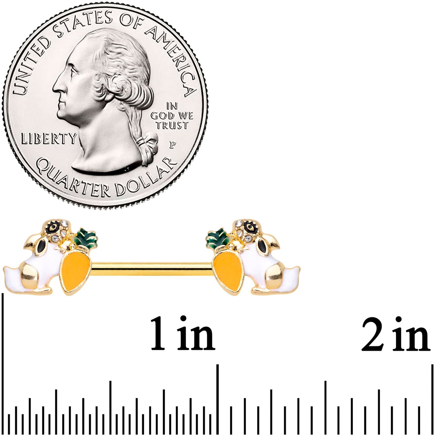 14G 9/16 Clear Gem Gold Tone Carrot Bunny Barbell Nipple Ring Set