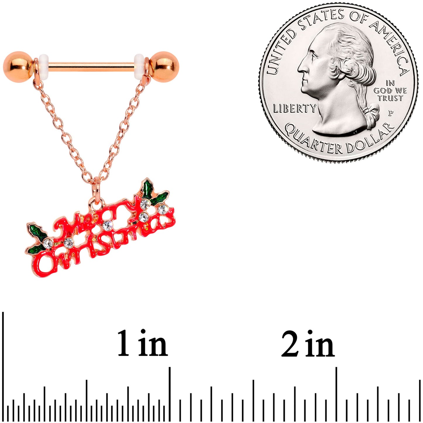 14G 11/16 Clear Gem Rose Gold Hue Merry Christmas Nipple Ring Set