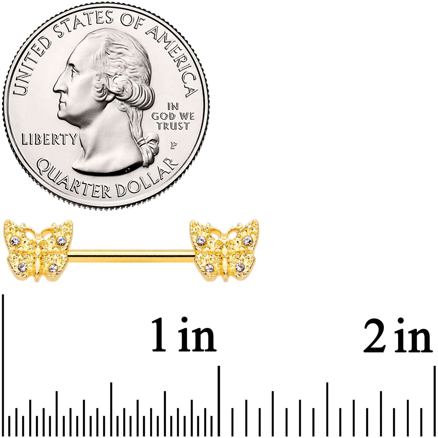 14G 9/16 Clear Gem Gold Tone Baroque Butterfly Nipple Ring Set