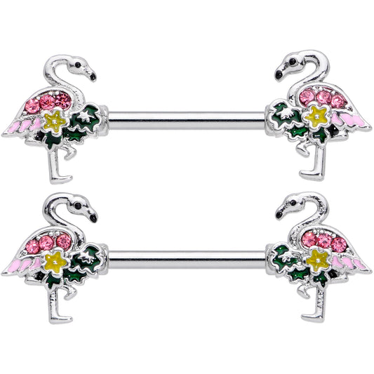 14G 9/16 Pink Gem Funky Flamingo Barbell Nipple Ring Set