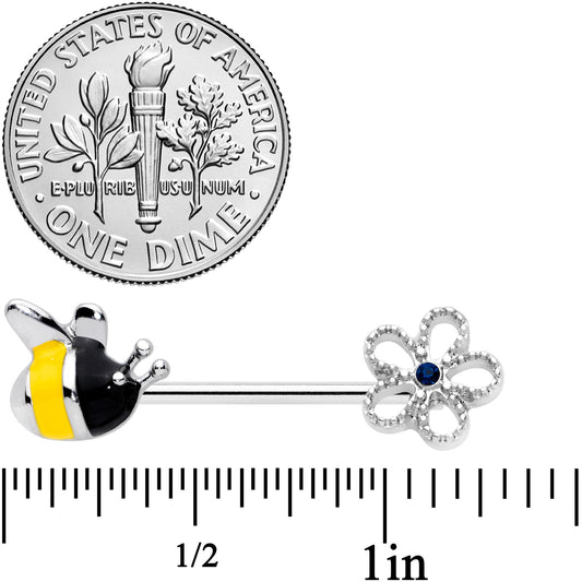 14G 9/16 Blue Gem Big Bee Flower Barbell Nipple Ring Set