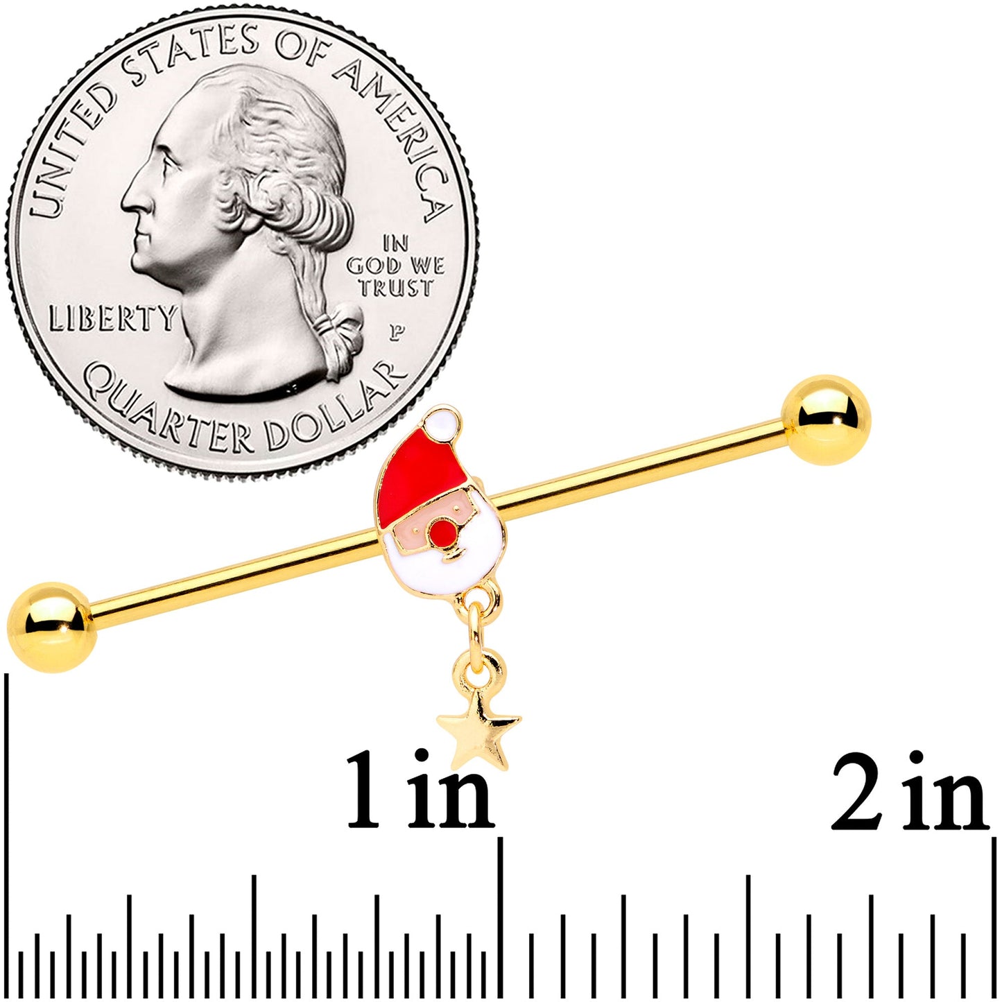 14G Gold Tone Santa Star Christmas Dangle Industrial Barbell 38mm