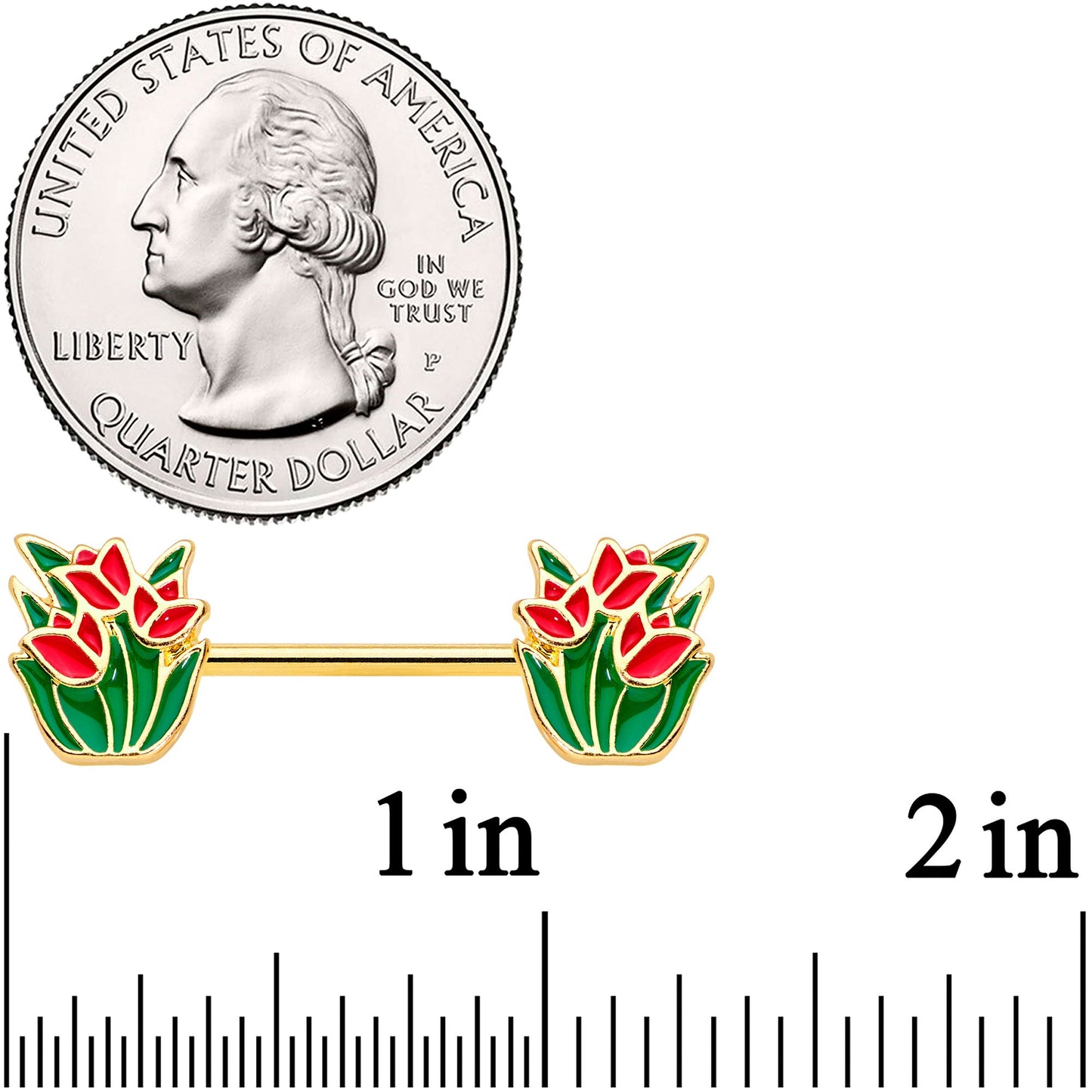 14G 9/16 Gold Tone Red Tulip Flowers Barbell Nipple Ring Set