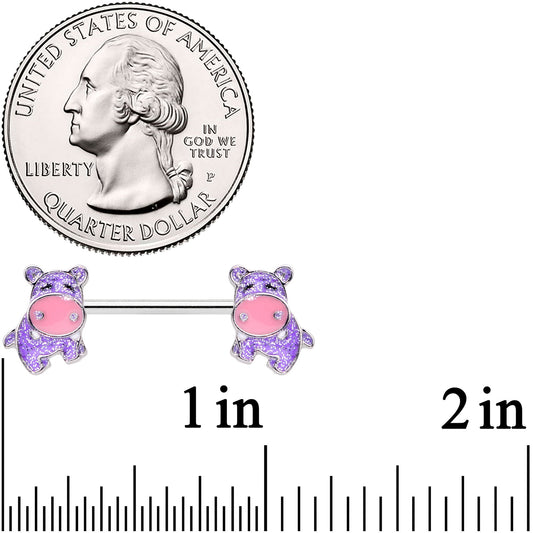 14G 9/16 Happy Purple Hippo Barbell Nipple Ring Set