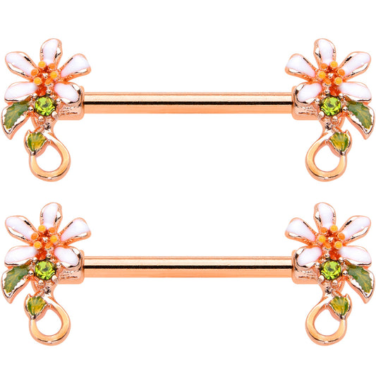 14G 9/16 Green Gem Rose Gold Tone Orange Flower Nipple Ring Set