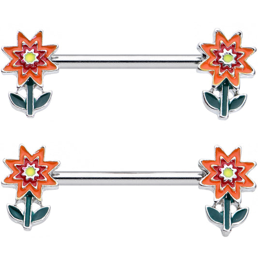 14G 9/16 Red Orange Fanciful Flower Barbell Nipple Ring Set