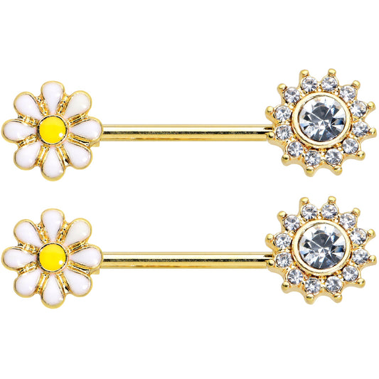 14G 9/16 Clear Gem Gold Tone Sun Daisy Flower Nipple Ring Set