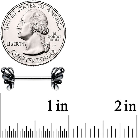 14G 1/2 Black Gem Abstract Bow Barbell Nipple Ring Set