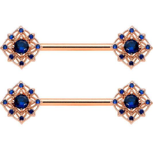 14G 9/16 Blue Gem Rose Gold Tone Wicked Web Nipple Ring Set