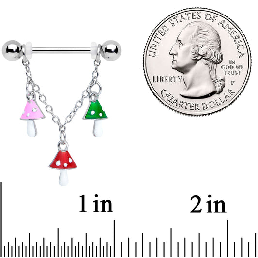 14G 9/16 Pink Green Red Mushroom Chain Dangle Nipple Ring Set