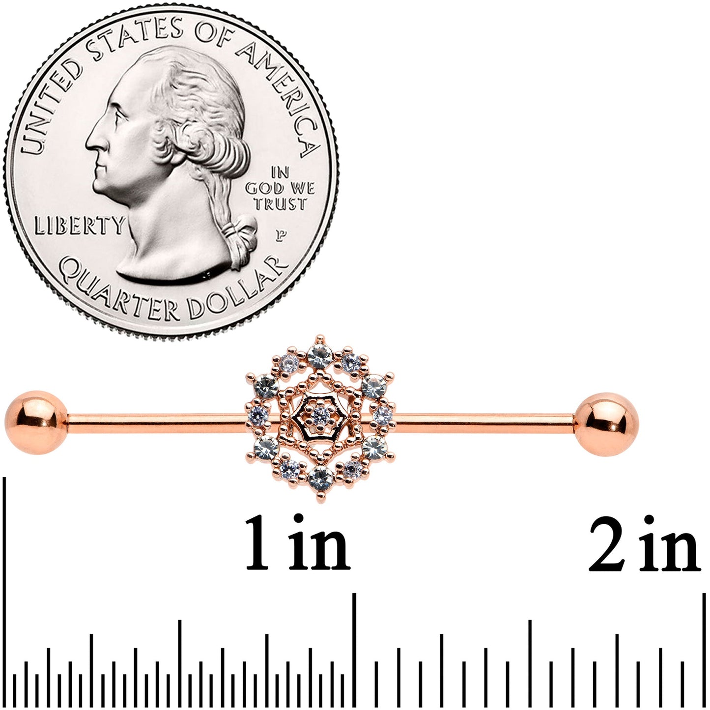14G Clear CZ Gem Rose Gold Tone Geo Web Industrial Barbell 38mm