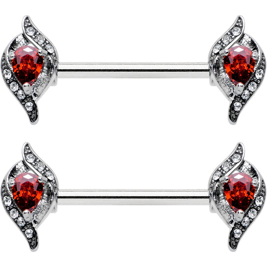 14G 9/16 Clear Red Gem Swirling Oval Barbell Nipple Ring Set