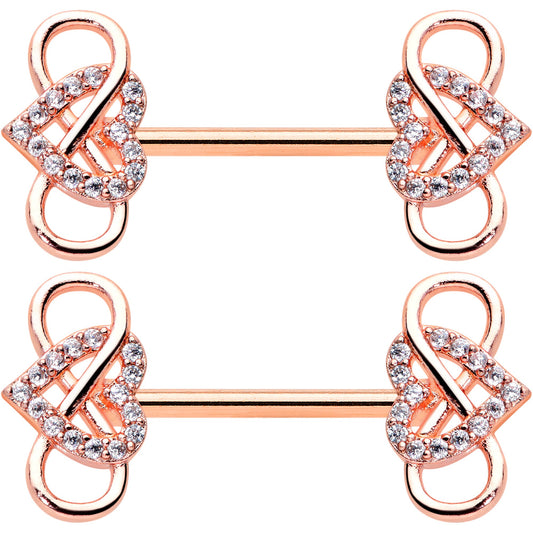 14G 1/2 Clear CZ Gem Rose Gold Hue Infinity Heart Nipple Ring Set