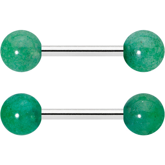 14G 1/2 Elegant Green Jade Barbell Nipple Ring Set