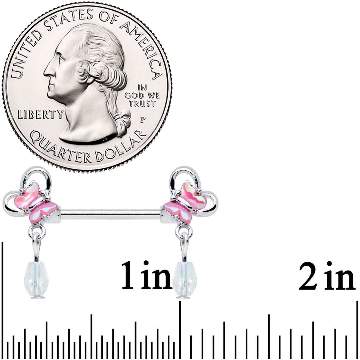 14G 9/16 Heart Pink Butterfly Dangle Barbell Nipple Ring Set