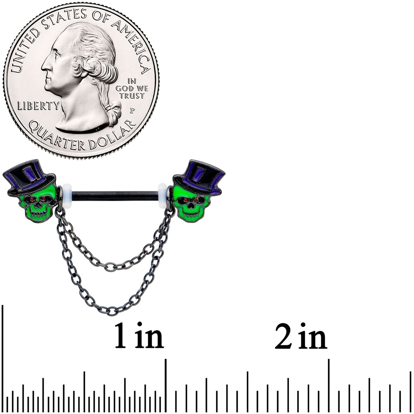 14G Green Top Hat Skull Halloween Dangle Nipple Ring Set