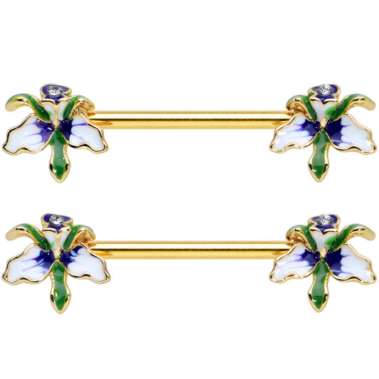14G 9/16 Clear Gem Gold Tone Iris Flower Barbell Nipple Ring Set