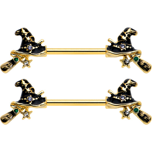 14G 9/16 Clear Gem Gold Tone Witch Hat Broom Nipple Ring Set