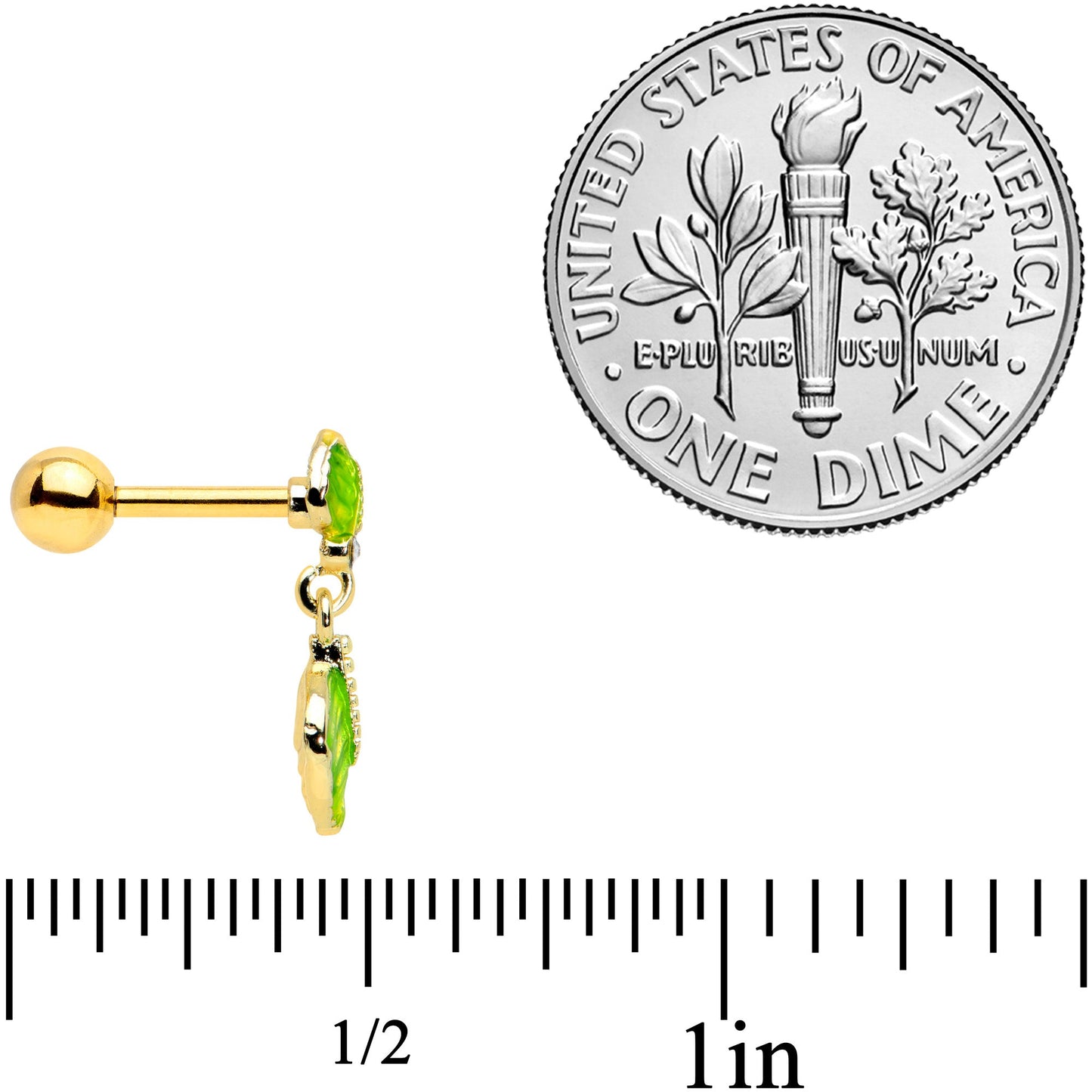 16G 1/4 Clear Gem Gold Tone Lush Leaves Dangle Cartilage Tragus