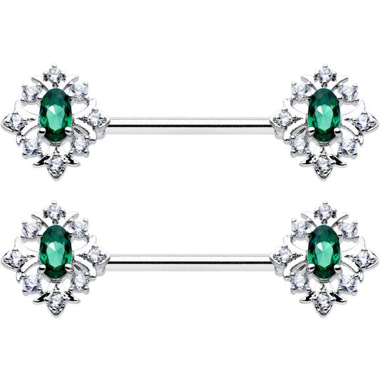 14G 9/16 Clear Green Gem Ornate Art Deco Barbell Nipple Ring Set