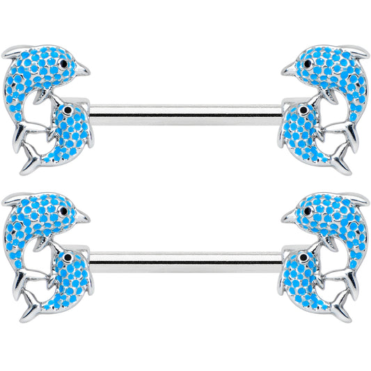 14G 9/16 Black Blue Gem Leaping Dolphin Barbell Nipple Ring Set