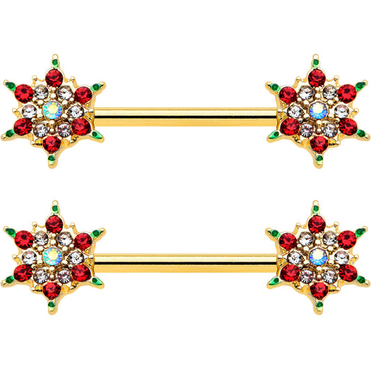 14G 9/16 Red Gem Gold Hue Bright Christmas Barbell Nipple Ring Set
