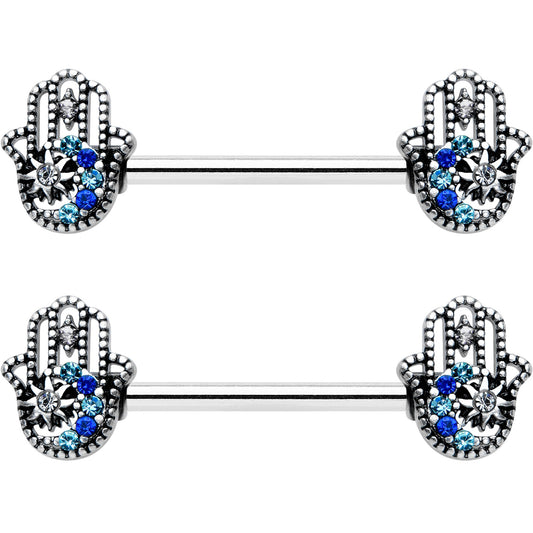 14G 9/16 Clear Blue Gem Textured Hamsa Hand Nipple Ring Set