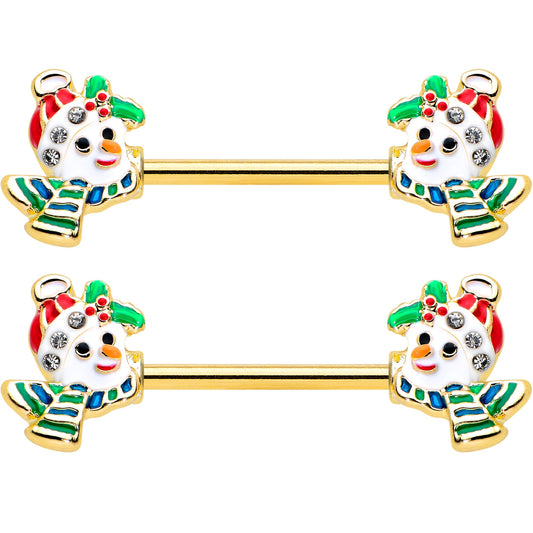 14G 9/16 Clear Gem Gold Tone Snowman Christmas Nipple Ring Set