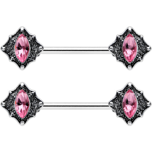 14G 9/16 Pink Gem Rhombus Retro Barbell Nipple Ring Set