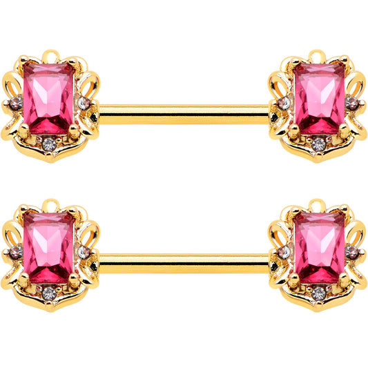 14G 9/16 Red Gem Gold Hue Regal Escutcheon Barbell Nipple Ring Set