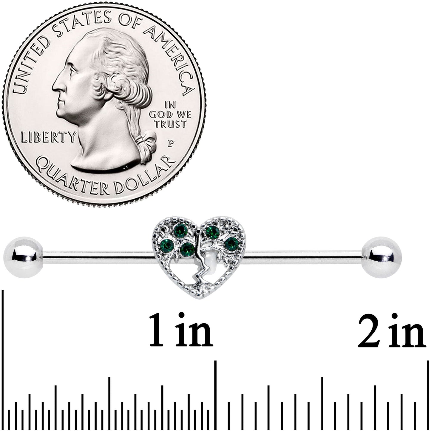 14G Green Gem Heart Tree Valentines Day Industrial Barbell 38mm