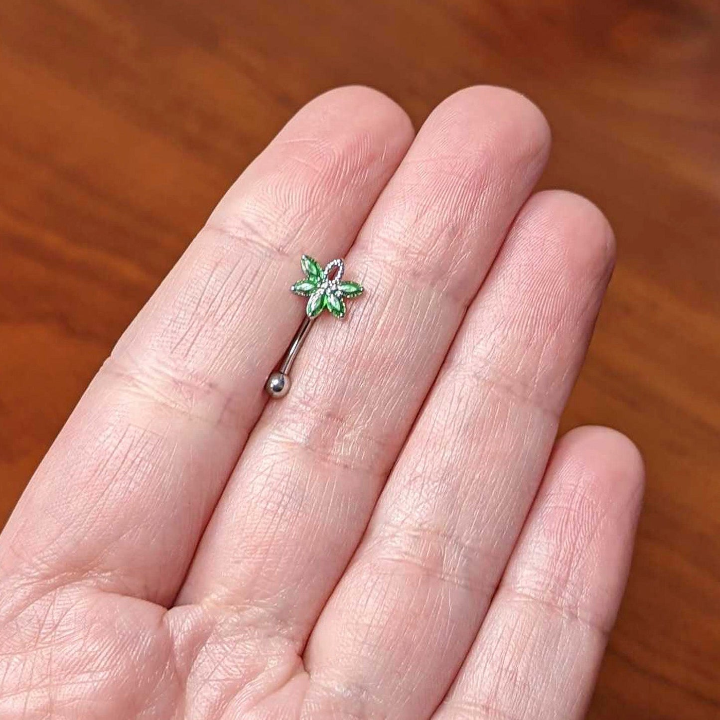 16G 5/16 Green Gem Pot Leaf Textured Curved Eyebrow Ring