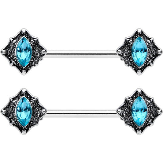 14G 9/16 Blue Gem Rhombus Retro Barbell Nipple Ring Set
