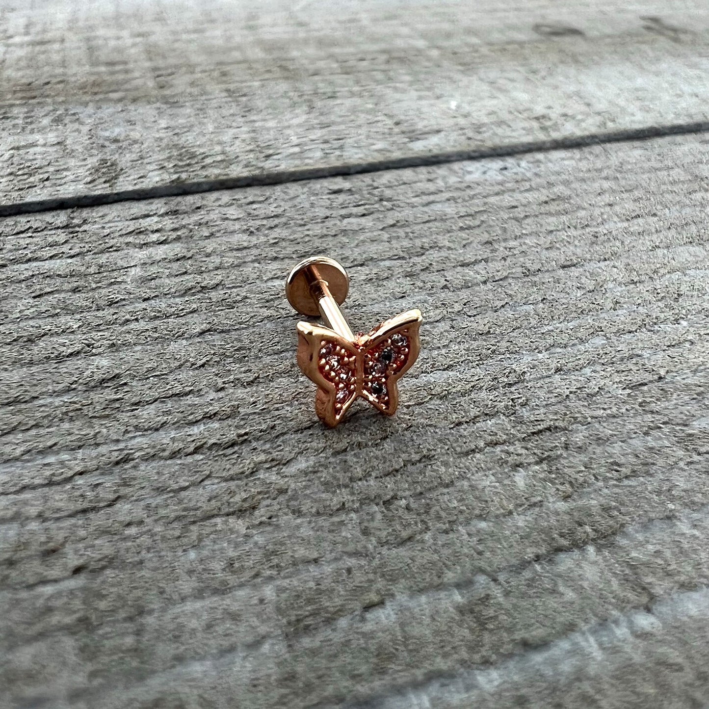 16G 5/16 Clear Gem Rosy Tone Butterfly Internally Threaded Labret