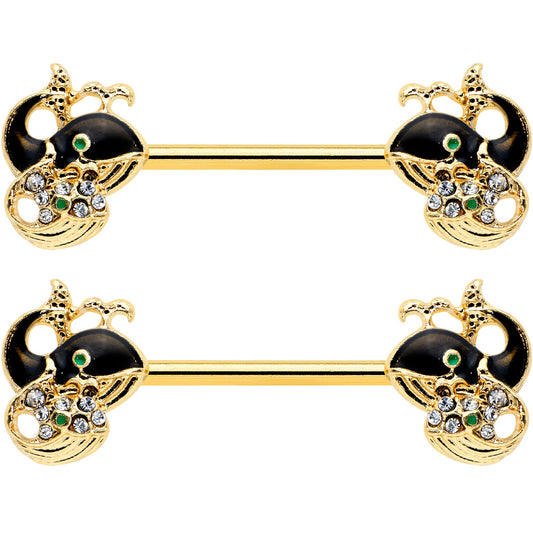 14G 9/16 Clear Gem Gold Tone Mom Baby Whale Nipple Ring Set